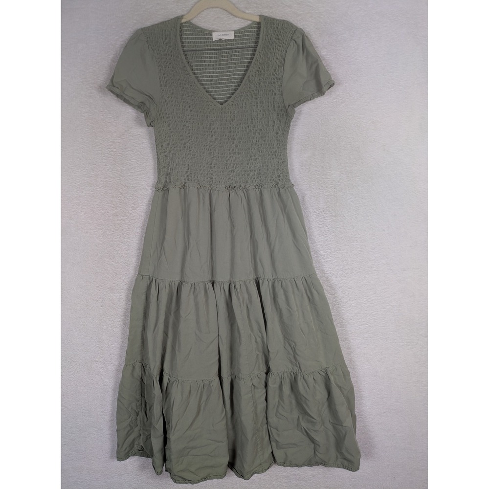 böhme Midi Dress Women's M Sage Green Smocked V-Neck Tiered